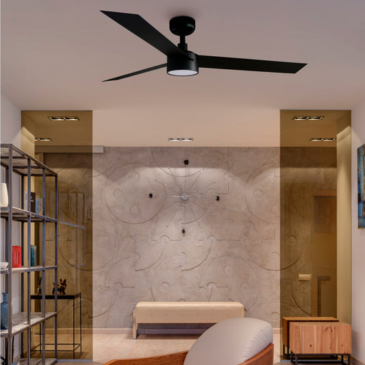 Modern living room with a ceiling fan, armchair, and shelves.