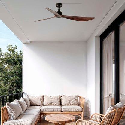 Outdoor patio with wicker furniture, round table, and ceiling fan.