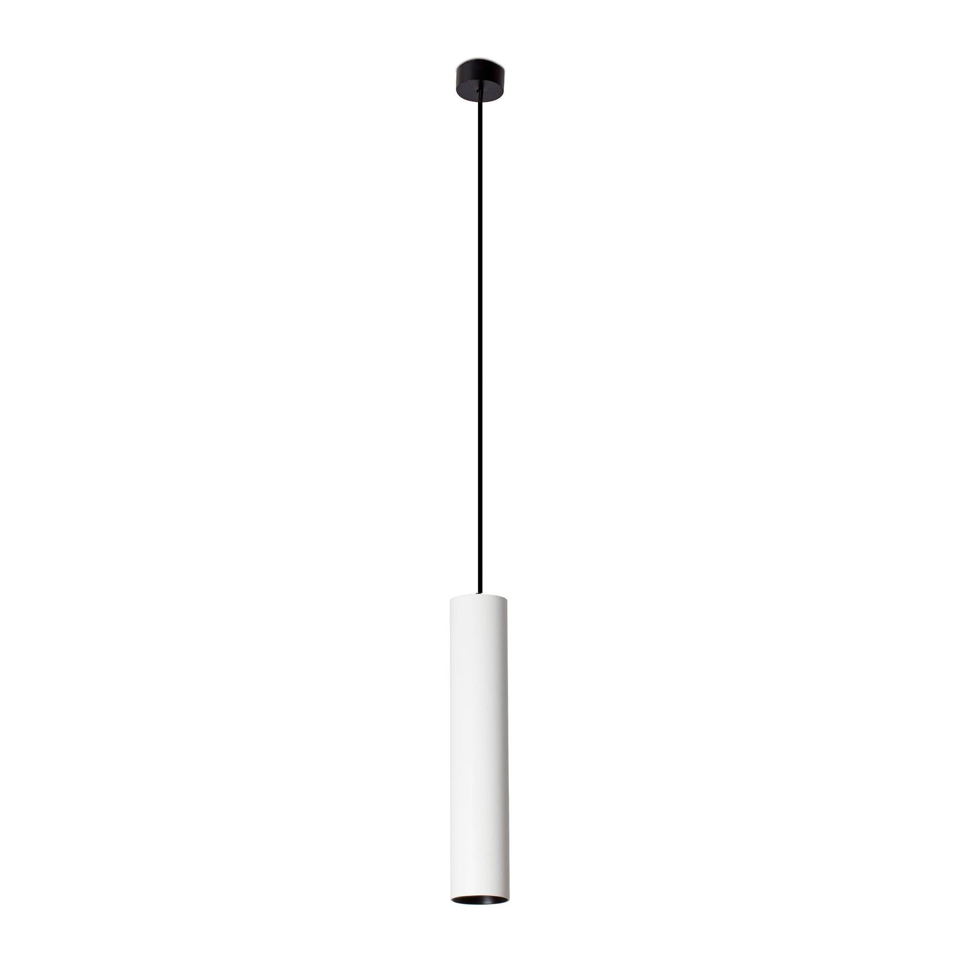 Pendant light with white cylindrical shade and black hanging fixture on a white background