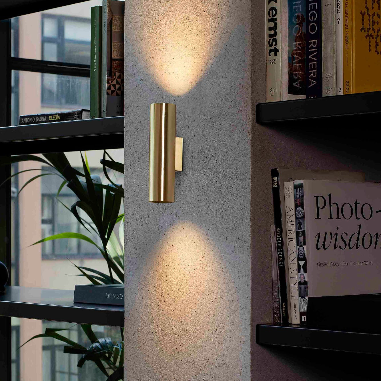 Wall-mounted gold light fixture casting light on a textured wall with books and a plant in the background.