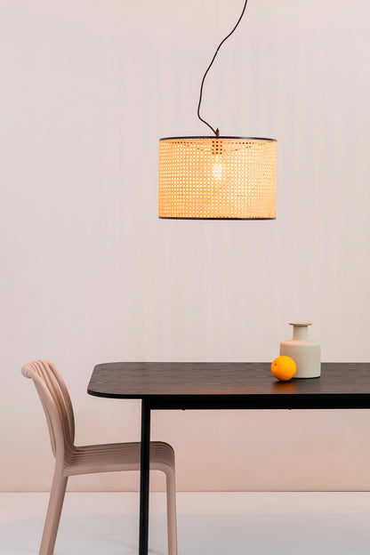 Modern dining setup with a black table, chair, and pendant light against a white wall.