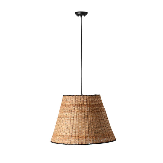Pendant light with wicker shade on a white background