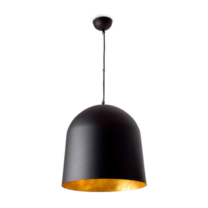 Black pendant light with gold interior on a white background
