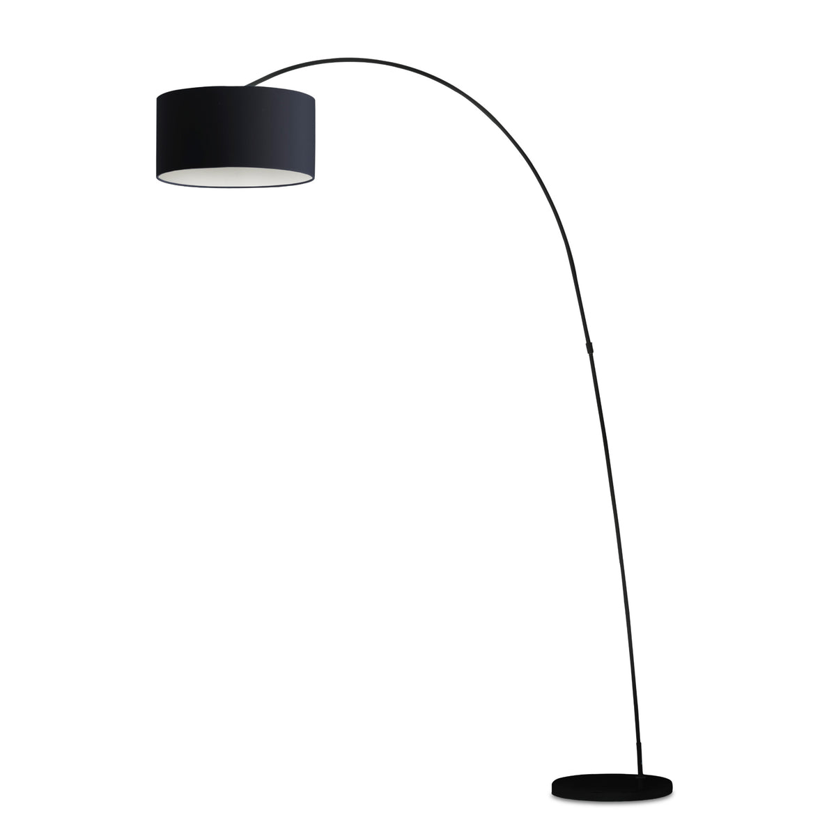 A modern black floor lamp with a tall cylindrical drum shade, a curved gooseneck metal stem, and a circular base, shown against a plain white background.