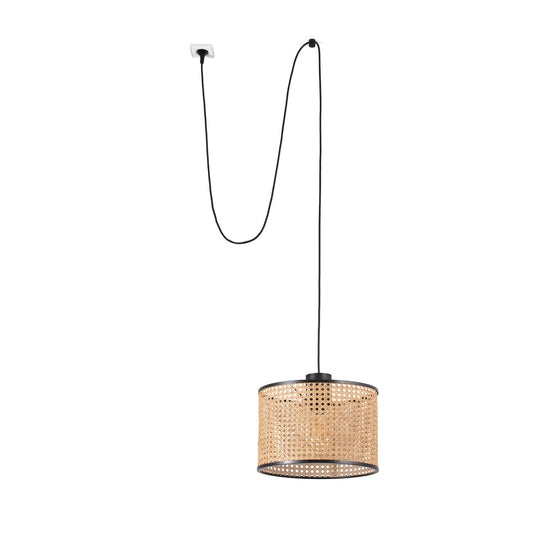 A modern pendant light with a black cord and canopy, featuring a cylindrical woven rattan shade with a black metal frame, shown against a plain white background.