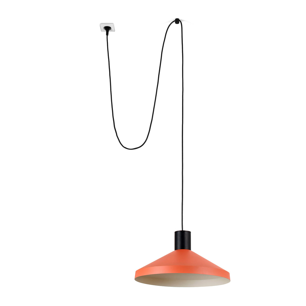 Pendant light with orange shade and black cord on a white background