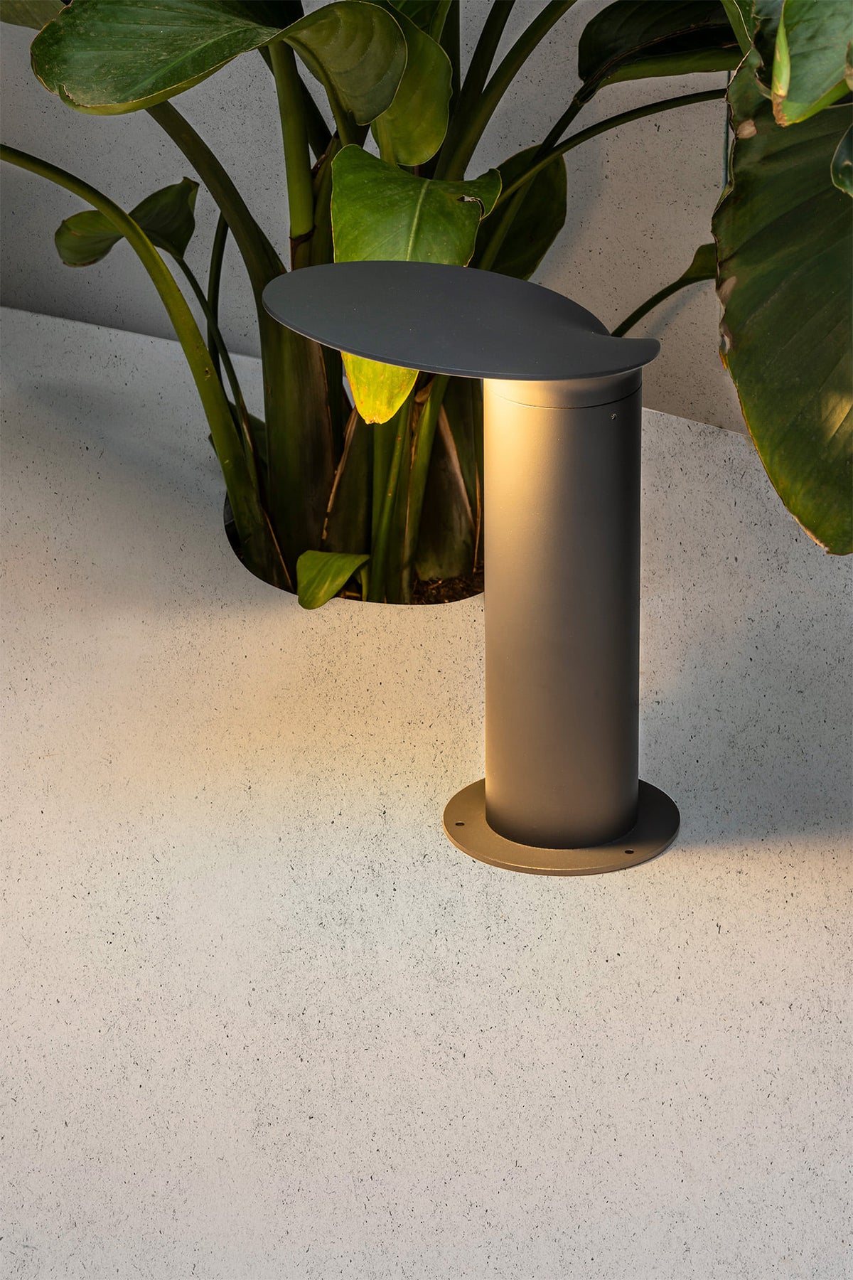 Decorative outdoor light fixture on a concrete surface with plants in the background