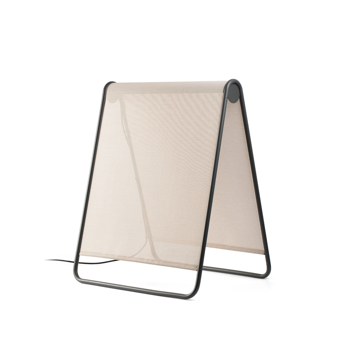 Beige fabric screen with black metal frame on a white background