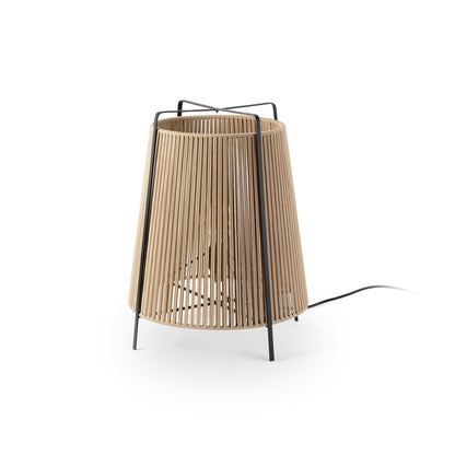 Wooden outdoor lamp with black metal frame on a white background
