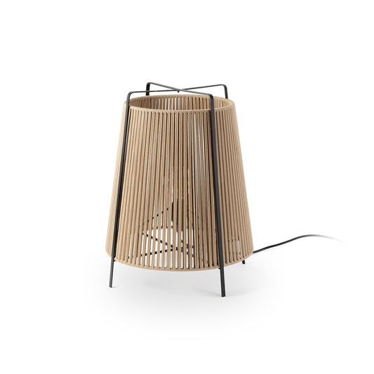 Wooden outdoor lamp with black metal frame on a white background