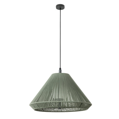 A modern pendant light with a conical shade made of vertically ribbed, woven material in a muted sage green color, suspended by a thin black cord from a dark ceiling canopy against a plain white background.