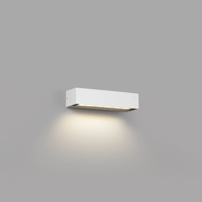 White rectangular outdoor wall light fixture on a gray background