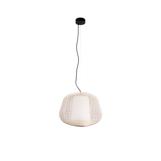 Pendant light with woven design on a white background
