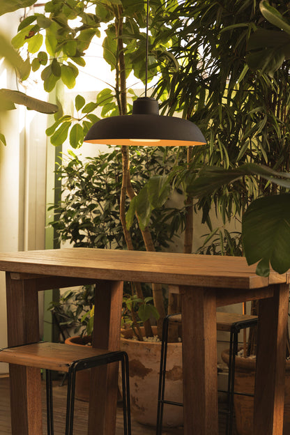 Wooden table with a black pendant light surrounded by green plants