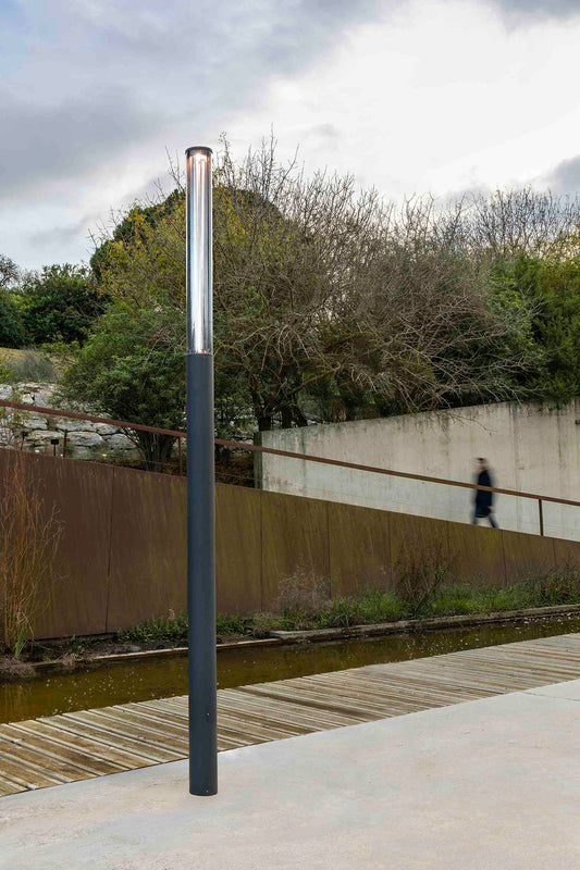 Studio shot of the architectural Screen 3.7m IP65 outdoor LED pole lamp in dark grey, designed for symmetrical 360-degree area illumination. Featured in the VXR Space lighting collection.