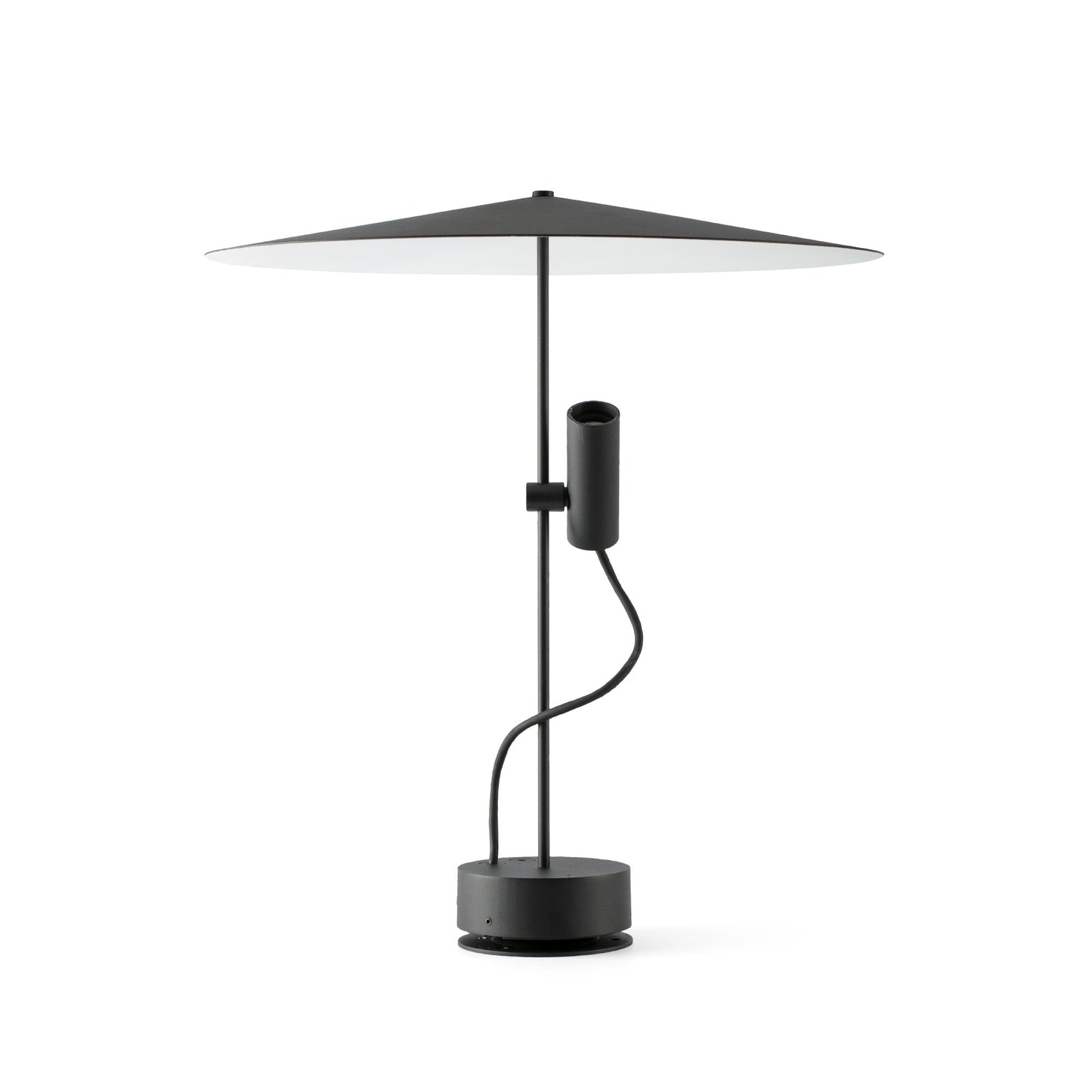 outdoor light fixture 75704-233P_L1 , wide conical shade, a curved flexible neck, and a circular base, shown on a plain white background.