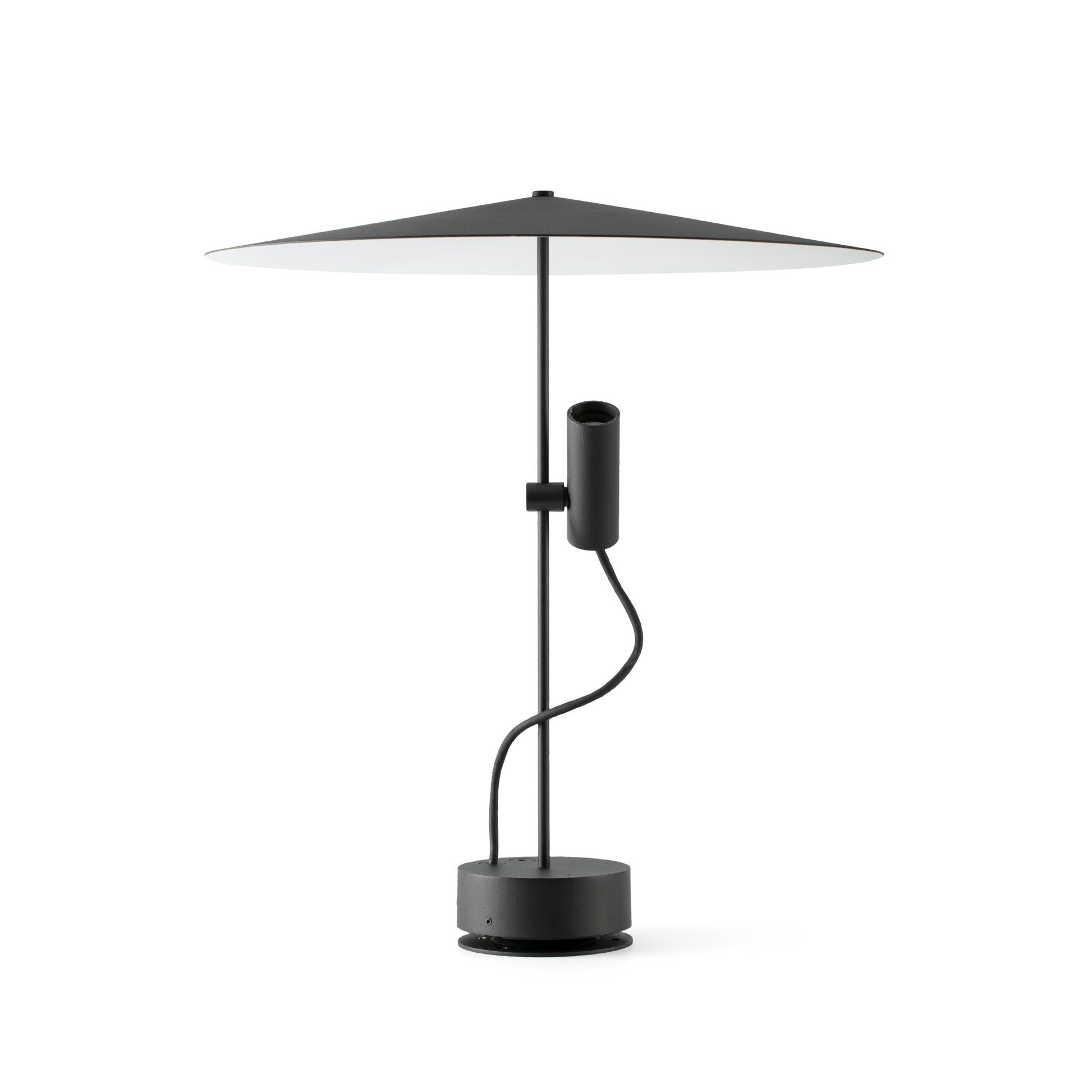 outdoor light fixture 75704-233P_L1 , wide conical shade, a curved flexible neck, and a circular base, shown on a plain white background.