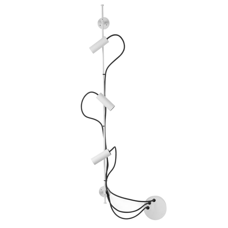 A modern wall-mounted multi-light fixture with four adjustable white cylindrical shades and black cords, shown against a plain white background.