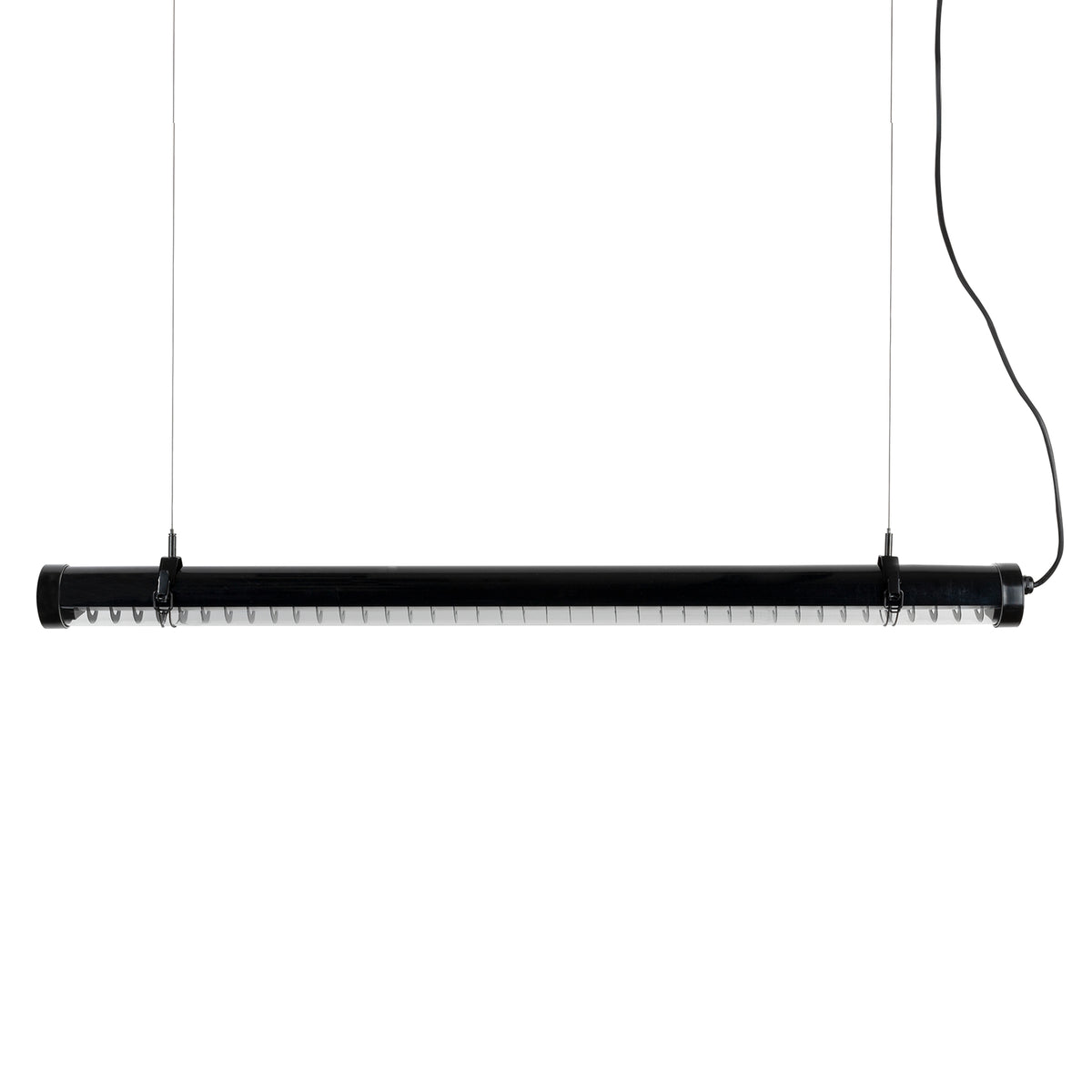 Black rectangular light fixture with clear panels on a white background