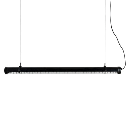 Black rectangular light fixture with clear panels on a white background