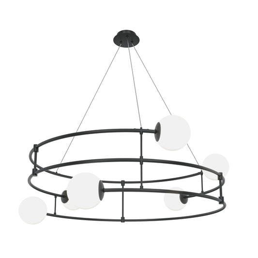 Black chandelier with white glass shades on a white background
