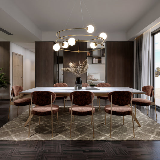 Maytoni Balance Modern Chandelier in Bronze. Geometric ring design with 6 frosted glass globes, G9 sockets, adjustable height & 5-year warranty