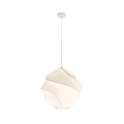 A modern pendant light with a white fabric spiral shade and a silver ceiling canopy, shown against a plain white background.