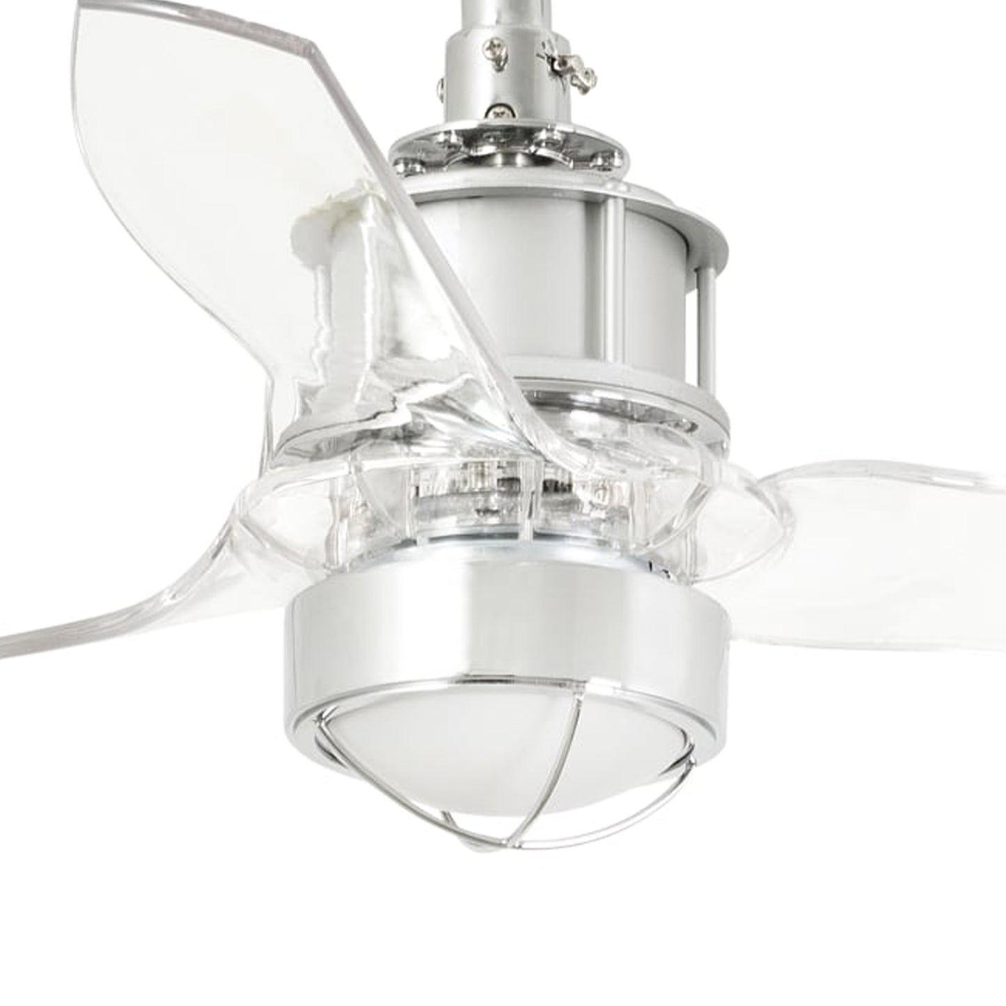 Ceiling fan with clear blades and silver metal housing on a white background