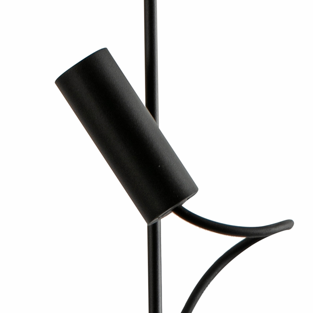 A close-up of a matte black modern floor lamp featuring a cylindrical shade, a central vertical pole, and a curved support bracket, shown against a solid white background.