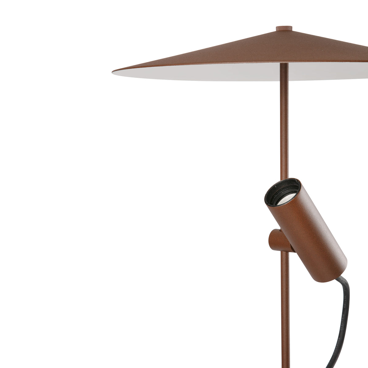 A close-up of a modern outdoor light fixture with a bronze-finished metal frame, featuring a wide conical shade, a vertical pole, and a cylindrical spotlight mounted on the side, shown against a plain white background.