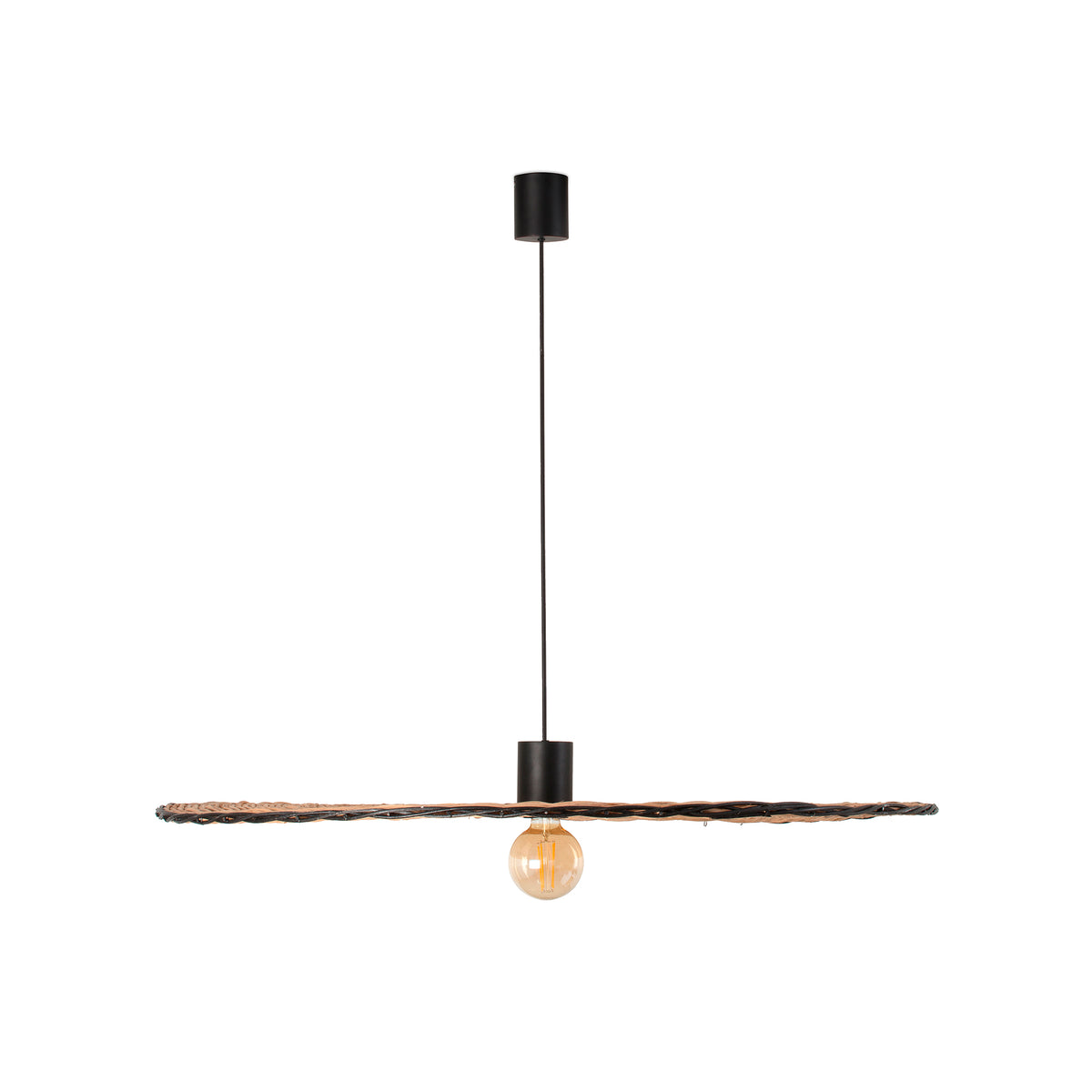 A tilted Costas 1000 rattan pendant lamp by Faro Barcelona with a black tensor cable, presented by the VXR Space store.