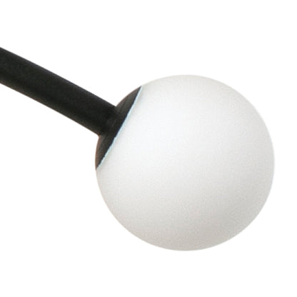 A close-up of a spherical white globe light fixture with a black stem against a plain white background.