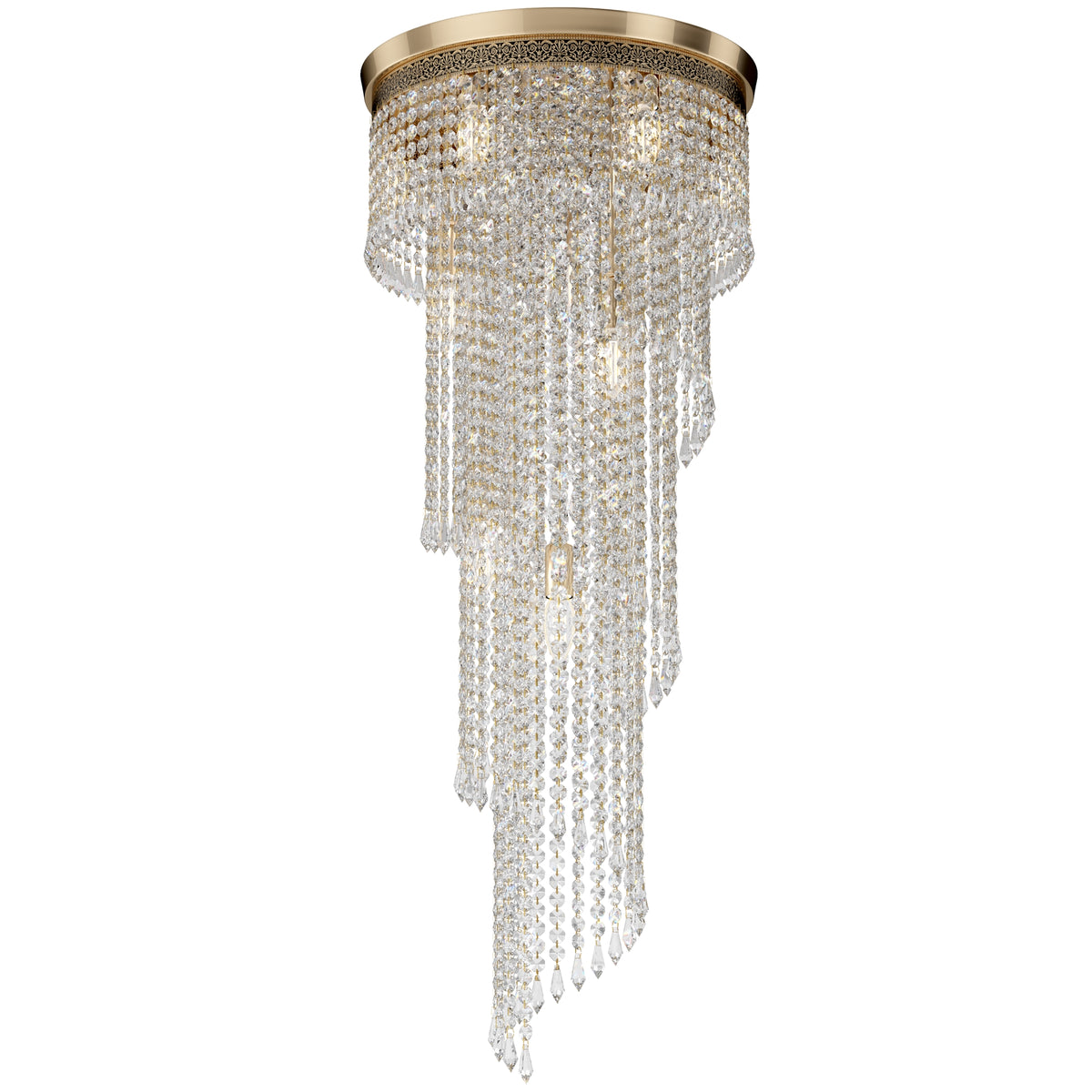 Crystal chandelier with gold fixture on a white background
