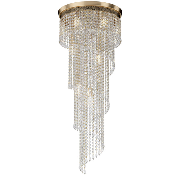 Crystal chandelier with gold fixture on a white background