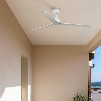 Ceiling fan mounted on a white ceiling with a balcony and plants in the foreground