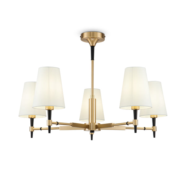 Modern chandelier with white lampshades and gold metal fixture on a white background