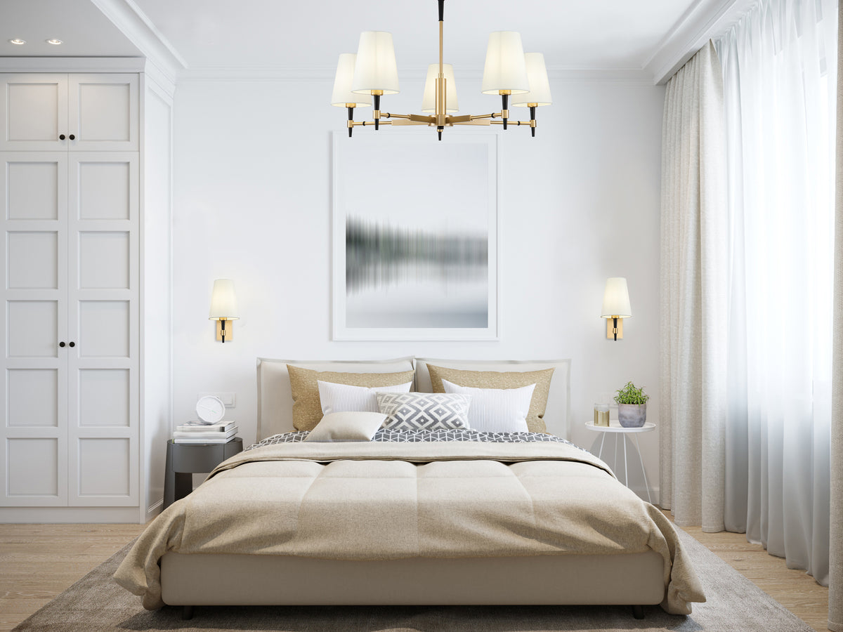 Modern bedroom with a bed, nightstands, and wall art.