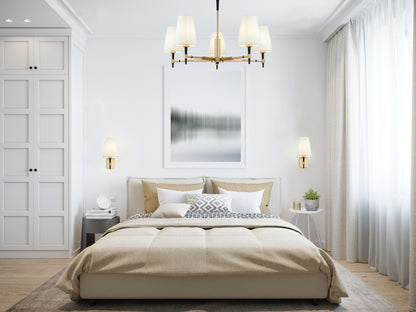 Modern bedroom with a bed, nightstands, and wall art.