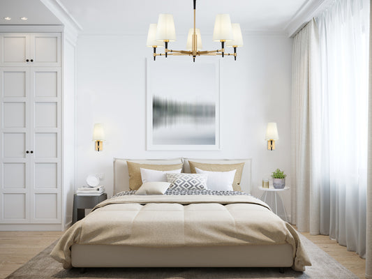 Modern bedroom with a bed, nightstands, and wall art.
