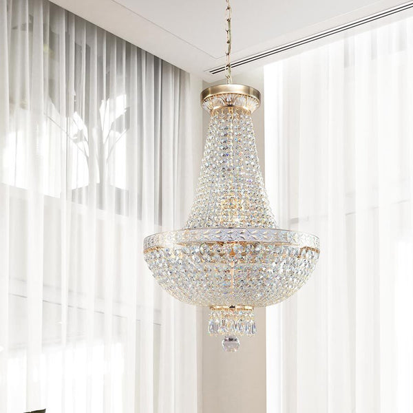 Chandelier hanging in a room with white curtains