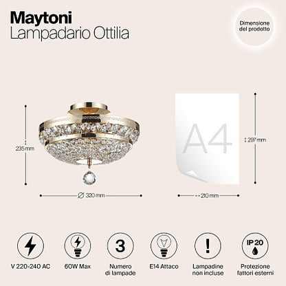 Product information graphic for the Maytoni Lampadario Ottilia ceiling light fixture, showing a gold and crystal chandelier with dimension annotations, an A4 paper size reference, and feature icons on a light beige background.