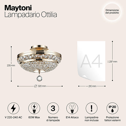 Product information graphic for the Maytoni Lampadario Ottilia ceiling light fixture, showing a gold and crystal chandelier with dimension annotations, an A4 paper size reference, and feature icons on a light beige background.