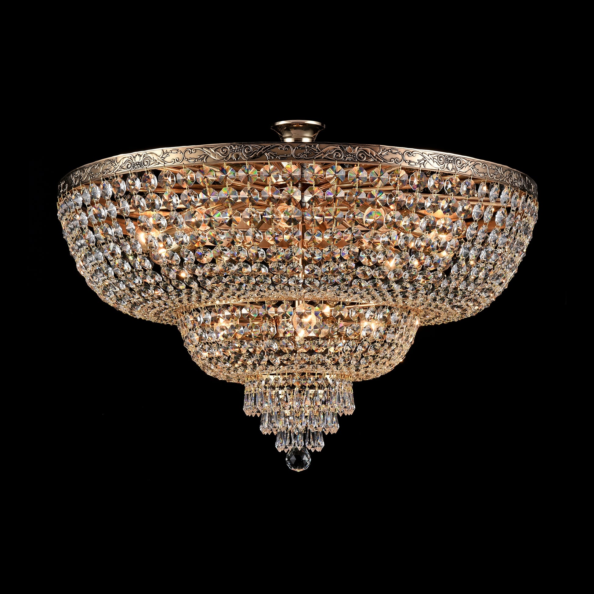 Decorative chandelier with crystal accents on a black background