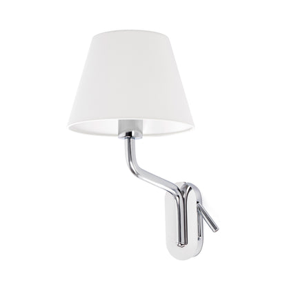 Wall-mounted lamp with white shade and chrome arm on a white background