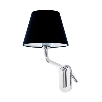 A modern wall-mounted lamp with a black tapered fabric shade and a polished chrome adjustable arm and wall mount, shown against a plain white background.