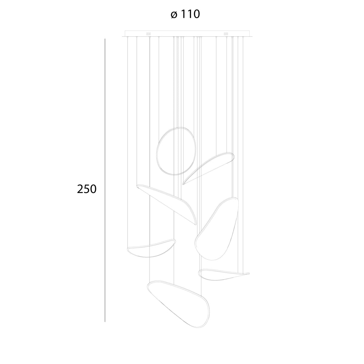 A minimalist line drawing of a hanging wind chime or decorative wind spinner with dimension labels showing a diameter of 110 and a height of 250 on a white background.