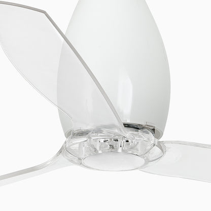 Close-up detail of the Eterfan Ø128cm DC motor ceiling fan showcasing the gloss white central housing and the transparent polycarbonate blade assembly against a white background. Available to buy at the VXR Space store.