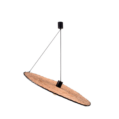 The Faro Barcelona Costas 1000 pendant lamp featuring an adjustable tilted woven rattan shade and matte black hardware, available at the VXR Space store. Shown isolated on a white background.