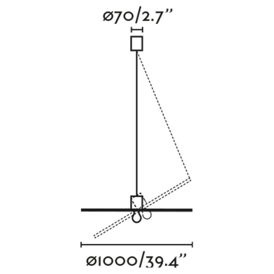 A technical line drawing of the Costas 1000 pendant lamp by Faro Barcelona. The schematic illustrates the 1000mm shade diameter, the 70mm ceiling rose, and the dotted path of the adjustable tilt mechanism. Available to buy at the VXR Space store.