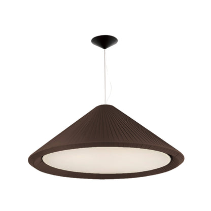 A studio view of the oversized Saigon-In 1300 architectural pendant light showcasing its rich brown ribbon shade and sleek black hardware against a white background, featured in the VXR Space collection.